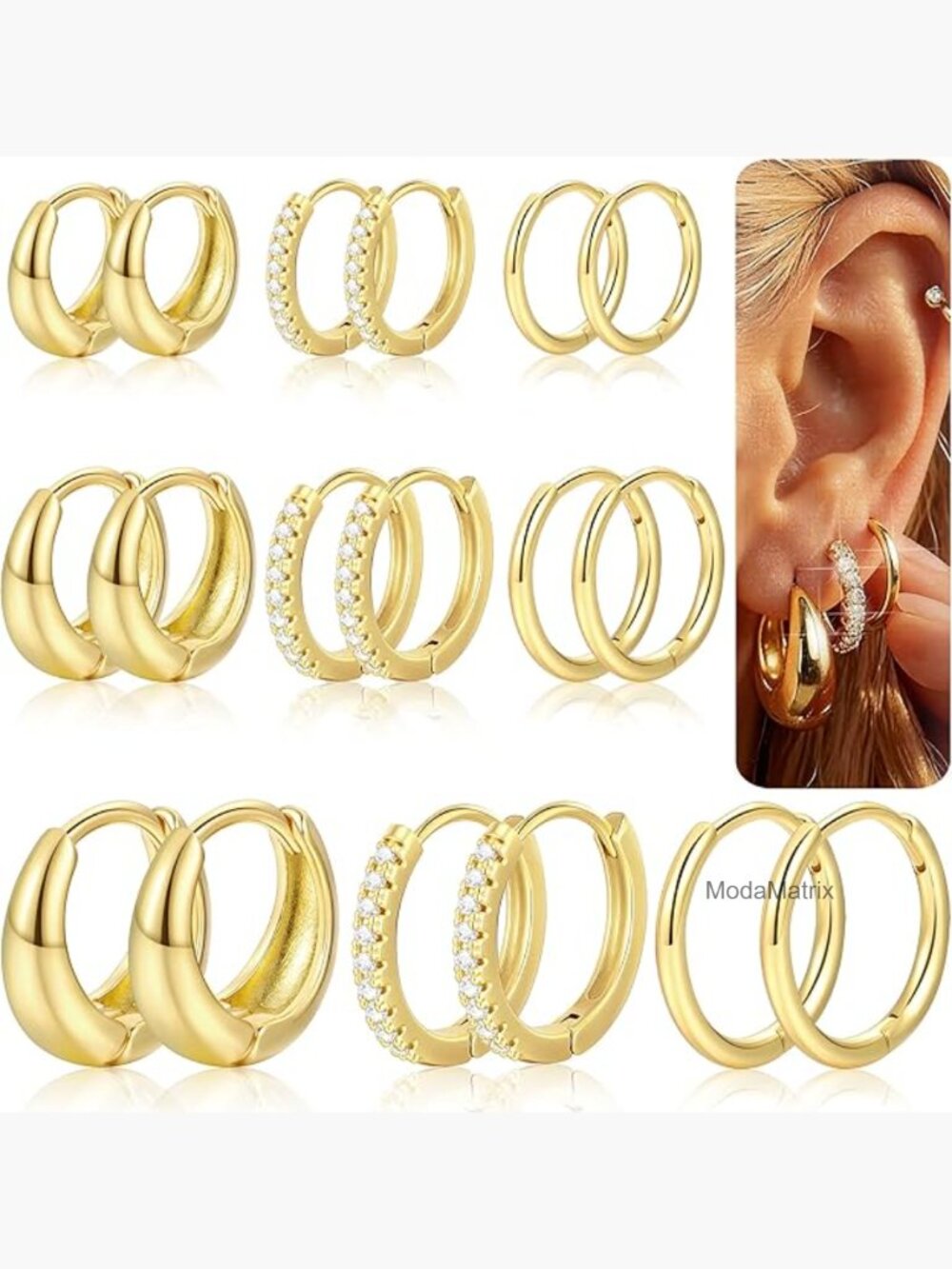 9 Pairs Gold Huggie Hoop Earrings Set – 14K Plated Small Hoops for Multiple